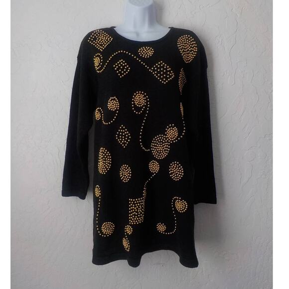 Sarah Morgan Black Knit Tunic Sweater Dress Size Large Gold Embellished Ramie - Picture 1 of 10